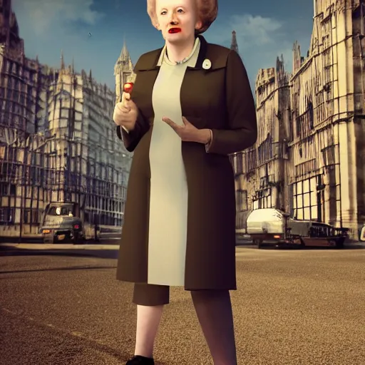 Prompt: limmy brian limond as maggie thatcher, realistic, wide shot, sunny lighting, octane render, hyper realistic, high quality, highly detailed, hd, beautiful, cinematic, 8 k, unreal engine, facial accuracy,