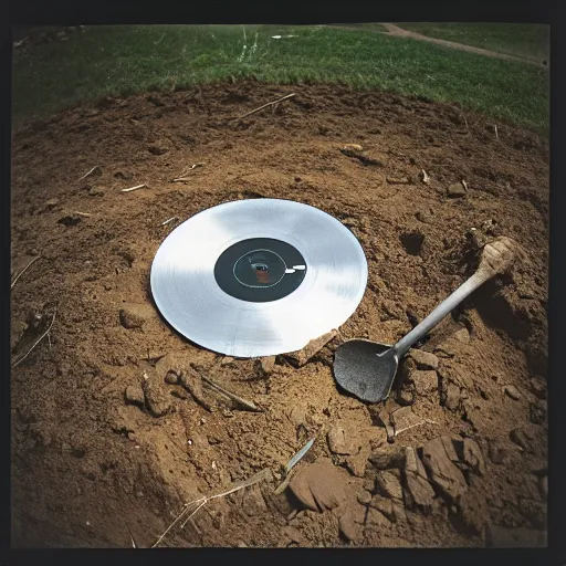 Image similar to a vinyl disc on a hole in the ground, with a shovel next to it, polaroid shot