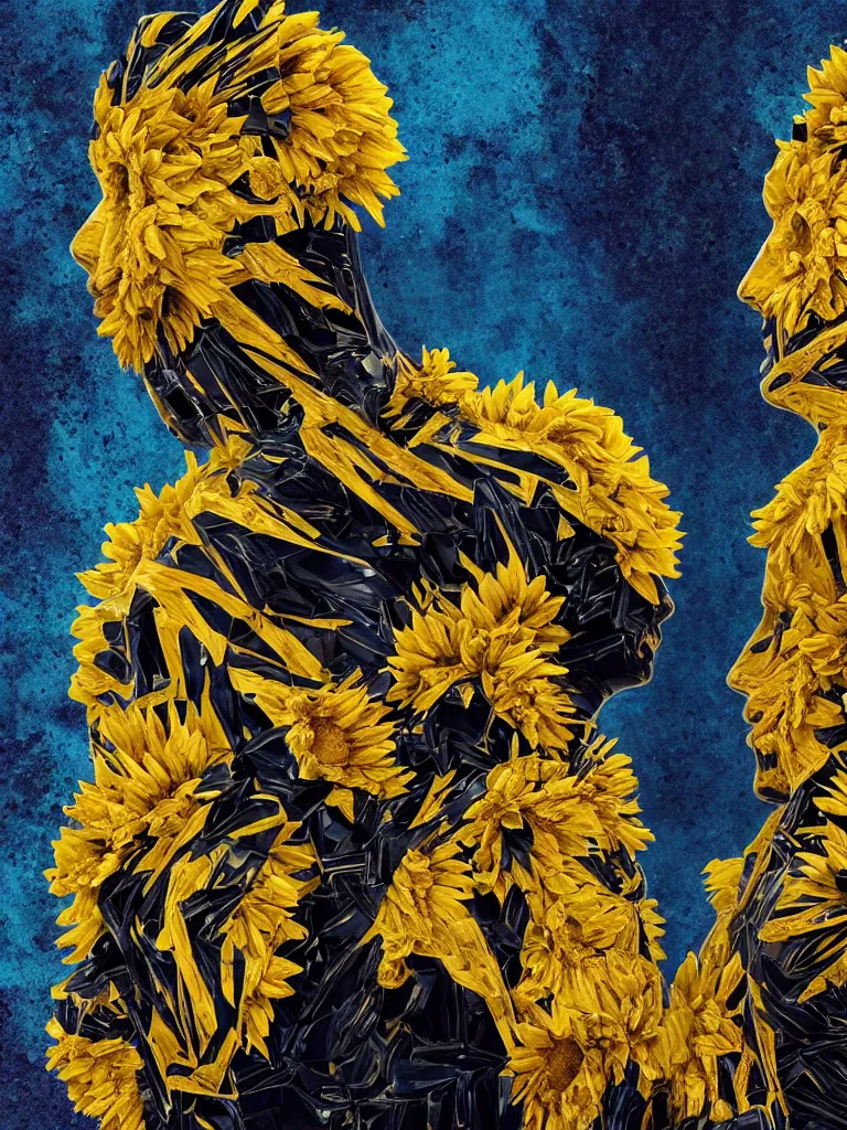 Image similar to symmetrical fractured dark obsidian greek statue of a beautiful tribal couple, yellow gemstones spikes, crystallic sunflowers, lightblue acrylic paintdrip tar, mangeta glow, repaired with kintsugi, glitch art, rendered in octane trending on cgsociety. extremely detailed and intricate art, corruption, sleek