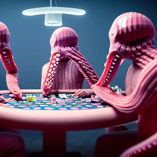 Image similar to hyperrealism simulation highly detailed human octopuses'wearing transparent jackets, playing poker in surreal scene from art house movie from future by wes anderson rendered blender and octane render