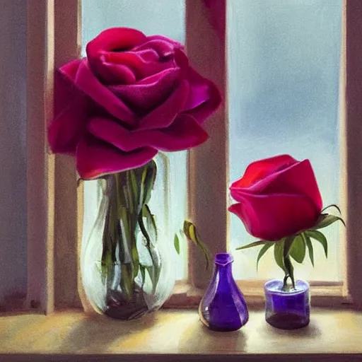 Image similar to The image would feature a windowsill with two vases, one containing a red rose and the other containing a blue violet. The natural light from the window would be shining in on the scene. Trending on artstation