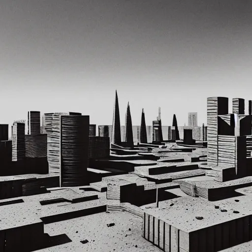 Prompt: brutalist city with sharp edges and concrete walls, highly detailed, sky shot, in the bright day, in the far future