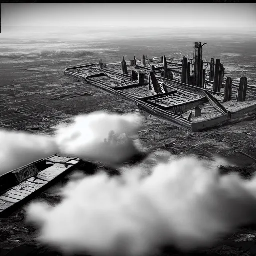 Image similar to ancient hi tech superstructure standing above the clouds with an abandoned city on top, photograph, derelict, hyperrealism,