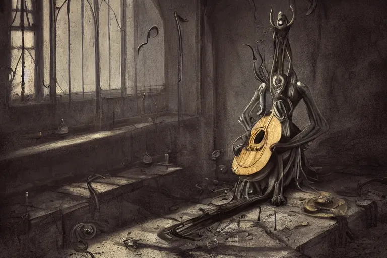 Image similar to still life painting, musical instument alone - a lute with smoke wisping up from its smoldering string, cursed baroque with ebony inlay, designed by brian froud and hr giger leans against the wall alone, abandoned. an empty brutalist chamber, lonely, somberlate afternoon lighting cinematic fantasy painting by jessica rossier