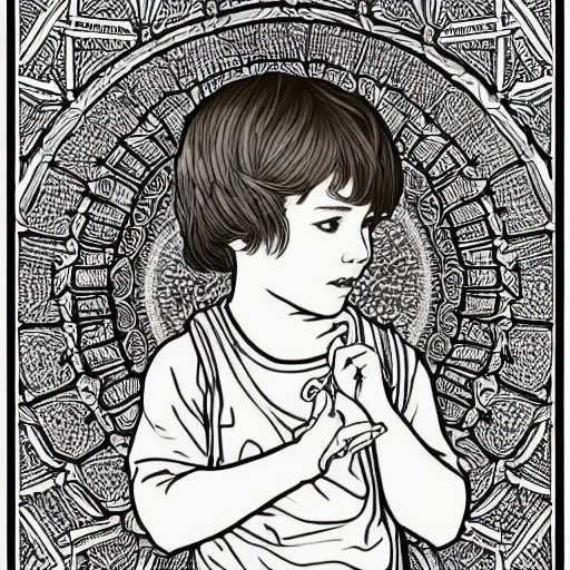 Image similar to clean simple line art of a little boy with short hair. no background. well composed, clean coloring book page, beautiful detailed face. coloring book line art by greg rutkowski and johanna basford and alphonse mucha