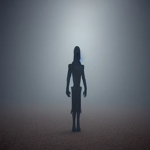 Prompt: Creepy long creature standing in a foggy weather in a desert world full of pyramids, award winning, trending on artstation, unreal engine