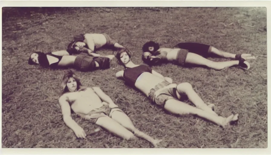 Image similar to A burnt! polaroid photograph of some 70s teenagers lays on the ground