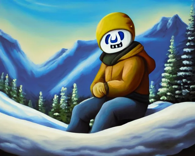 Image similar to oil painting of sans sitting in a mountain during winter