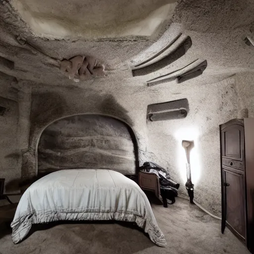 Image similar to wide angle photograph of a cozy bedroom designed by hr giger