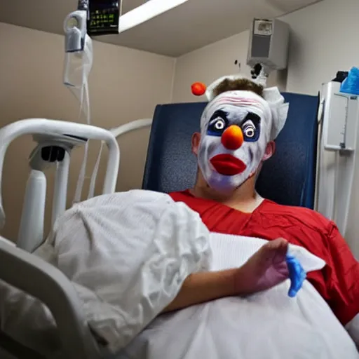 Image similar to clown in four point restraints in hospital bed, nurse preparing medications