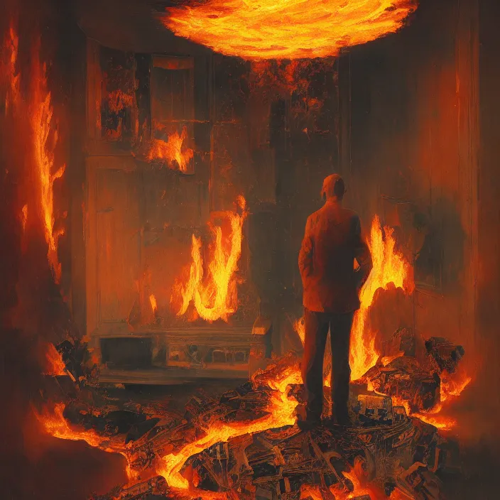 Prompt: one men burning in fire flames standing alone in suite, piotr jablonski, tim hildebrandt, mark maggiori, jeff dekal, long shot, hyperrealistic oil painting on canvas, deep depth field, cinematic composition, hyper - detailed, hdr, 8 k, 4 k