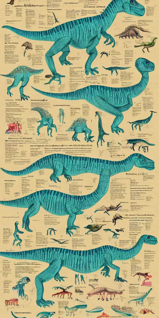 Prompt: anatomy of a dinosaur, diagrams, map, marginalia, sketchbook, old script, inhabited initials, pastel infographic by Wes Anderson and victo ngai