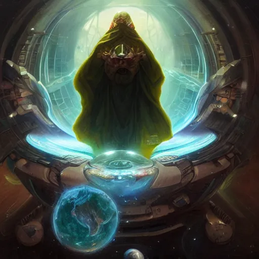 Image similar to the creator of worlds wearing a cloak and holding a holographic planet projection in his hand, detailed, sci - fi, digital painting, artstation, sharp focus, illustration, ominous, artgerm, tomasz alen kopera, peter mohrbacher, donato giancola, joseph christian leyendecker, wlop, frank frazetta