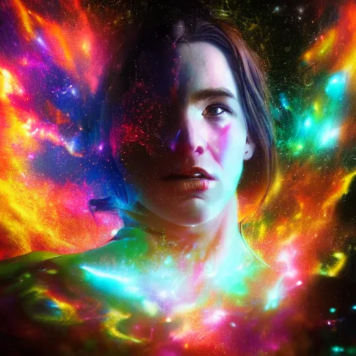 Prompt: improbability, octane render, portrait made of paint, splashes of colors, galaxy comic book art