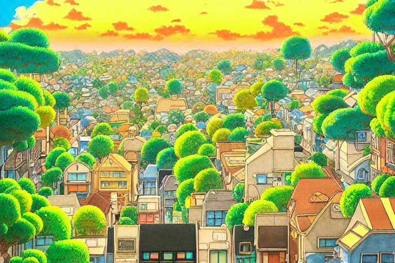 Prompt: an elaborate painting of a peaceful neighborhood, detailed, by studio ghibli!!!!!!!!!!! beautiful golden hour, anime, masterpiece