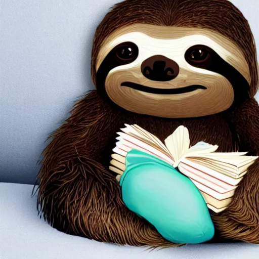 Prompt: sloth wearing diaper, sitting on couch, beside pile of books