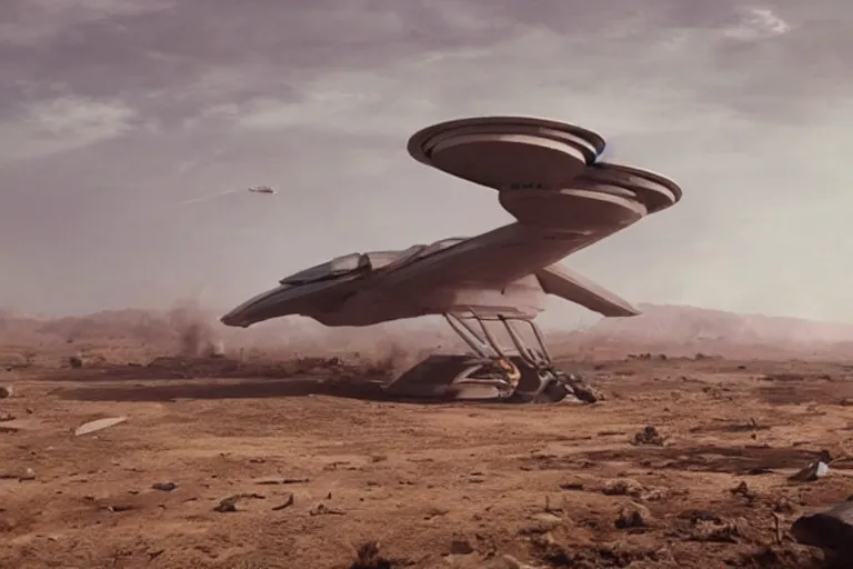 Image similar to VFX movie of a futuristic spaceship landing in war zone, natural lighting by Emmanuel Lubezki