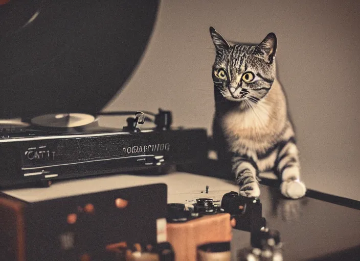 Image similar to photography of a Cat sitting on a record player. in a room full of vinyls and posters out of the 70's, photorealistic, raining award winning photo, 100mm, sharp, high res