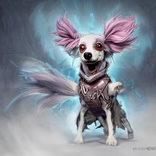 Image similar to Chinese crested powderpuff dog, battle armour, Anthropomorphized, casting epic spell, magic the gathering artwork, D&D, fantasy, cinematic lighting, centered, symmetrical, highly detailed, digital painting, artstation, concept art, smooth, sharp focus, illustration, volumetric lighting, epic Composition, 8k, art by Akihiko Yoshida and Greg Rutkowski and Craig Mullins, heroic pose, oil painting, cgsociety, magic lab background