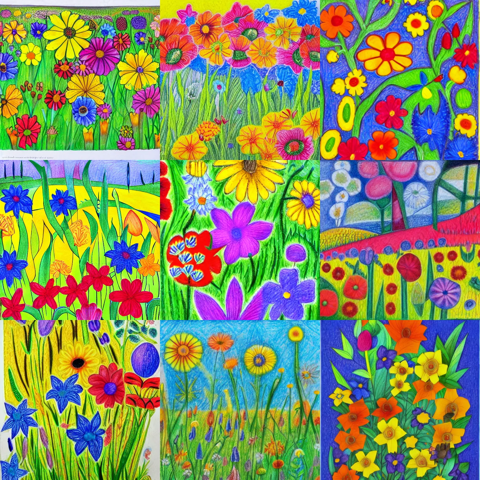 Prompt: meadow with flowers, spring, colorful, bright, cubism, detailed coloured pencil