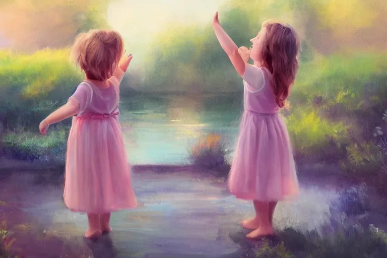 Prompt: portrait painting of cute little kids waving their hands, full body framing, dreamy matte colors, from a dreamy garden by the lake, night time, photorealistic faces and skin tones, volumetric lighting, smooth, trending on artstation, moonlit backdrop, 4 k