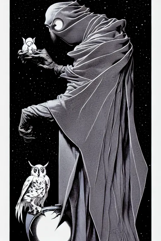 Prompt: side view of majestic alchemists cloaked wizard holding his pet owl on his glove, high details, bold line art, by vincent di fate and joe fenton, inking, etching, screen print, masterpiece, trending on artstation, sharp, high contrast, hyper - detailed,, hd, 4 k, 8 k