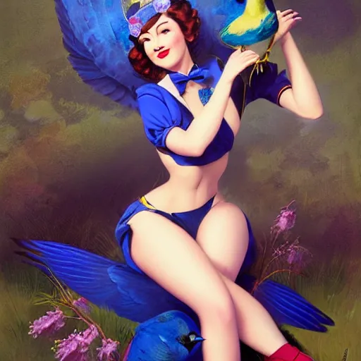 Image similar to pinup girl holding an indigo bunting, bird, the bird is wearing a crown and bowtie by greg rutkowski, rossdraws, gil elvgren, enoch bolles, anime, very coherent