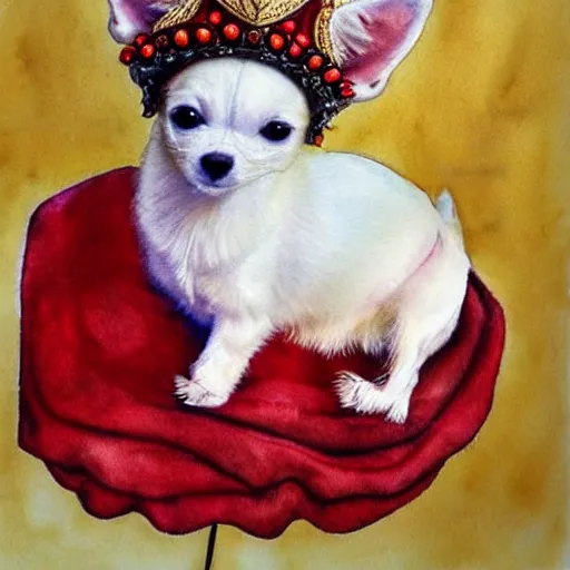 Image similar to fluffy white chihuahua king wearing a red and gold crown cinematic composition, watercolor, cute