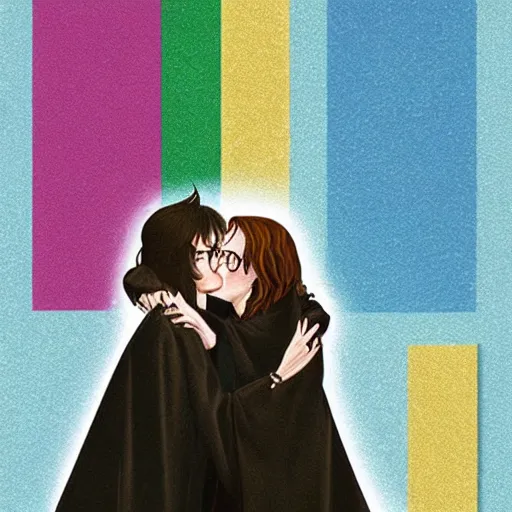 Image similar to harry potter hugging voldemort, pride flag in background, full picture, art by normal rockwell