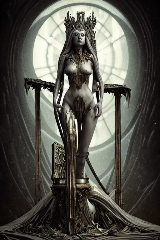 Image similar to Full Body View, Beautiful Face, The Fantasy Goddess Eris, on her Throne, by NIXEU, by HR Giger, by WLOP, by Attila Adorjany