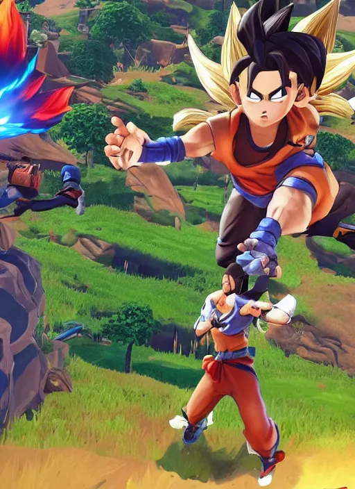 Image similar to game still of a sayan goku as a fortnite skin in fortnite by fortnite, pose.