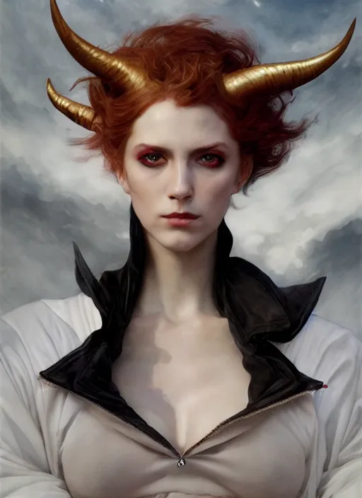 Prompt: demon half human, elegant, wearing a bomber jacket, armor, hyper realistic, white horns, extremely detailed, dnd character art portrait, fantasy art,, dramatic lighting, vivid colors, artstation, by edgar maxence and caravaggio and michael whelan and delacroix, lois van baarle and bouguereau