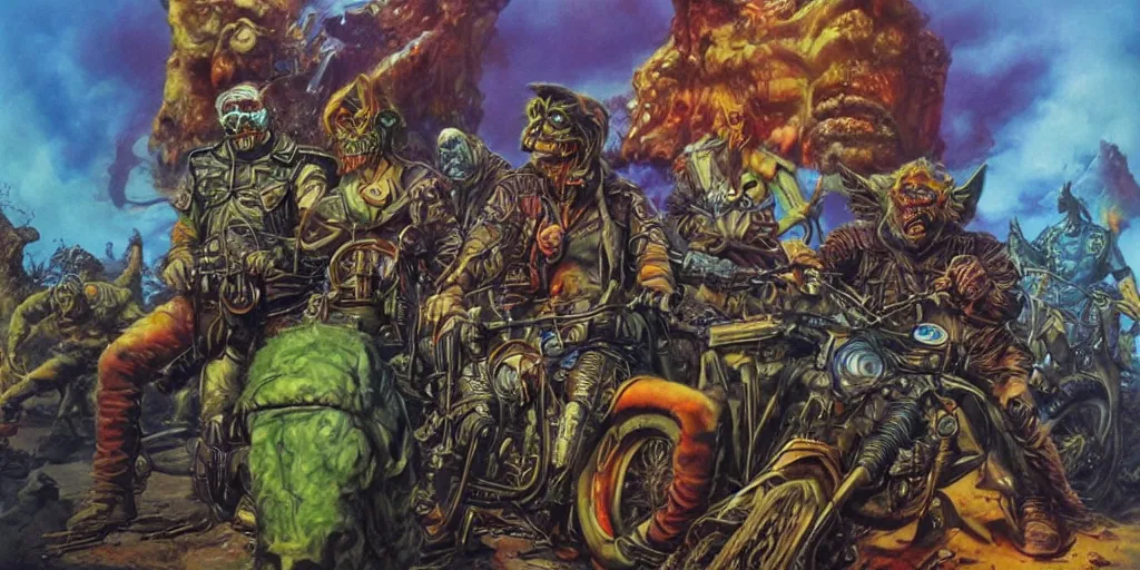 Image similar to members of a psychedelic post apocalyptic orcish biker gang, sharp focus, psychedelic colors, boris vallejo, michael whelan, 8 k, epic scifi fantasy art