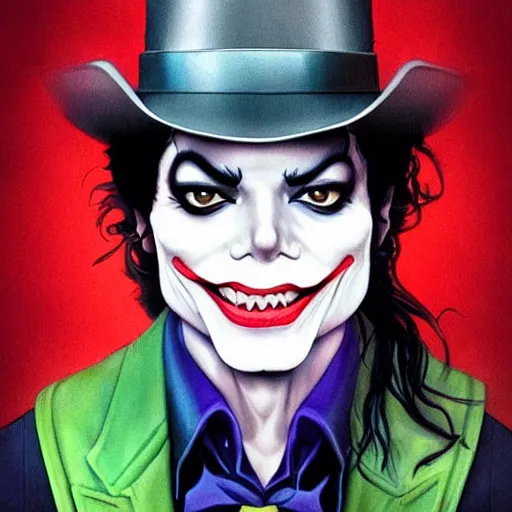 Prompt: michael jackson as the joker laugh on camera. symmetrical anatomy, hyperdetailed, coloured comic, baroque, pop punk art style, fantasy, without duplication, art by artgerm and ilya kuvshinov and vinicius gud and gustavo zambelli, intricate.