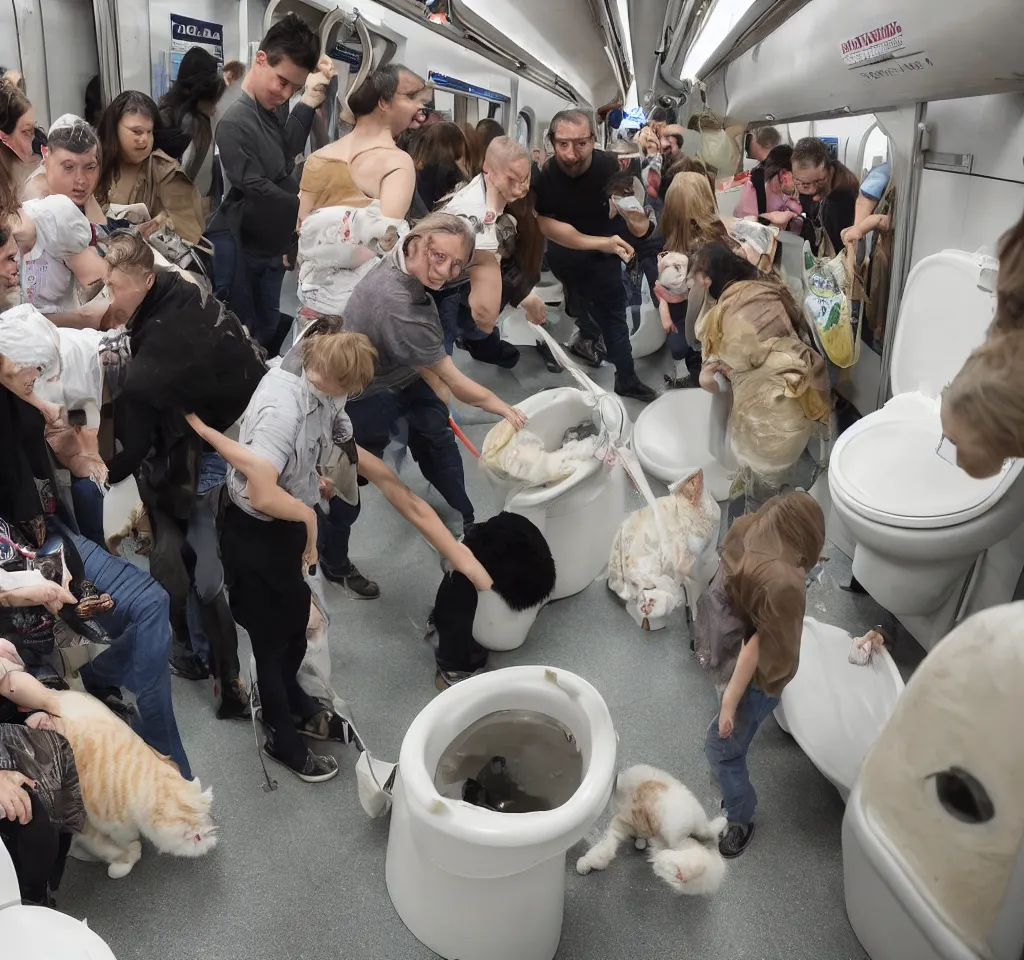 Prompt: people were flushing their cats down the toilet. this was for a charity, unspecified but highly regarded. people were on the train, looking at artefacts from outer space, listening to talk show djs discussing how to route your cat to the most profitable endpoint in the sewage system