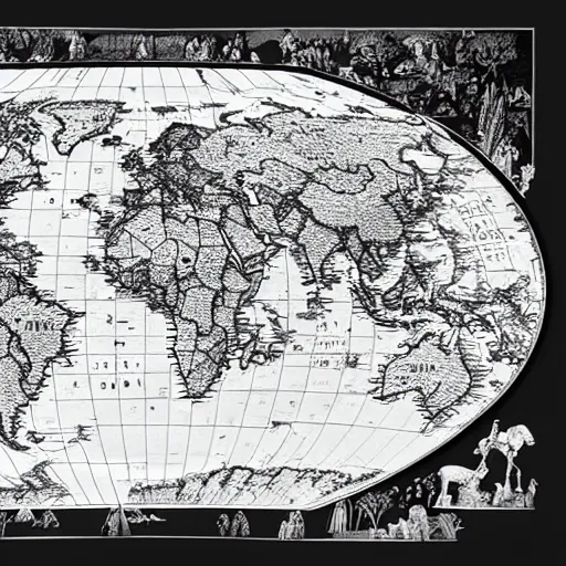 Prompt: black and white map of the world, highly detailed