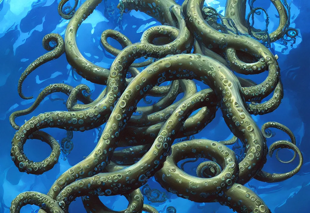 Image similar to Underwater Tentacle Pandomonium;Art by Greg Manchess, Art Direction by Jeremy Jarvis; painting spiraling inward; Deep sea horror; gallery painting; teeth and eyes; illustration