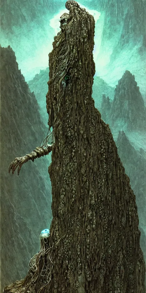 Image similar to A detailed lonely tesla android with jellyfish head stands among the mountains. Wearing a ripped mantle, robe. Perfect face, colossal scale, extremely high details, realistic, fantasy art, solo, masterpiece, art by Zdzisław Beksiński, Arthur Rackham, Dariusz Zawadzki