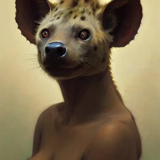 Image similar to portrait of a hyena girl, furry body, large ears, intricate, elegant, highly detailed, digital painting, artstation, concept art, smooth, sharp focus, illustration, art by artgerm and greg rutkowski and alphonse mucha and william - adolphe bouguereau