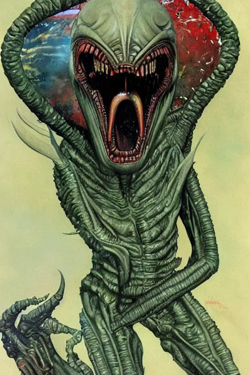 Image similar to alien monster by wayne barlow, norman rockwell, boris vallejo