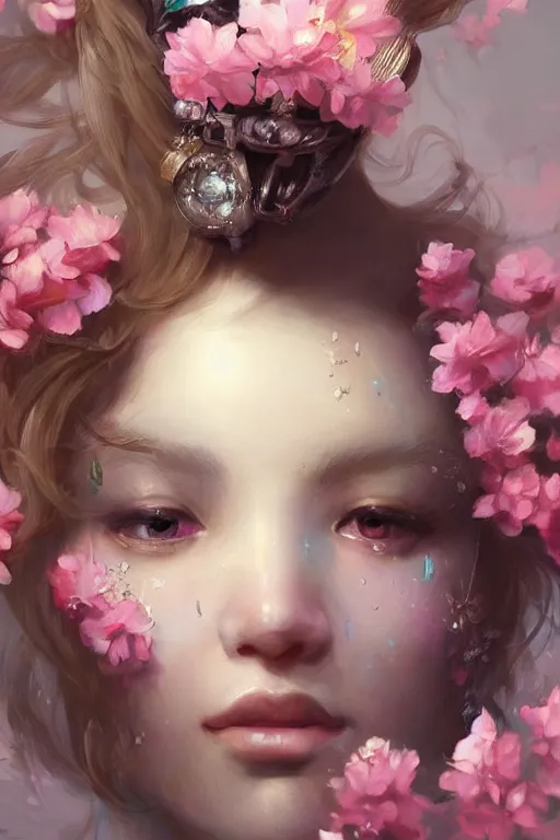 Image similar to face closeup beautiful girl with diamond skin, 3 d render, holding pink flowers, hyper realistic detailed portrait, ruan jia, wlop, fantasy, hyper detailed, octane render, concept art, ornaments, mucha vibe, dieselpunk, solarpunk, artstation, peter mohrbacher