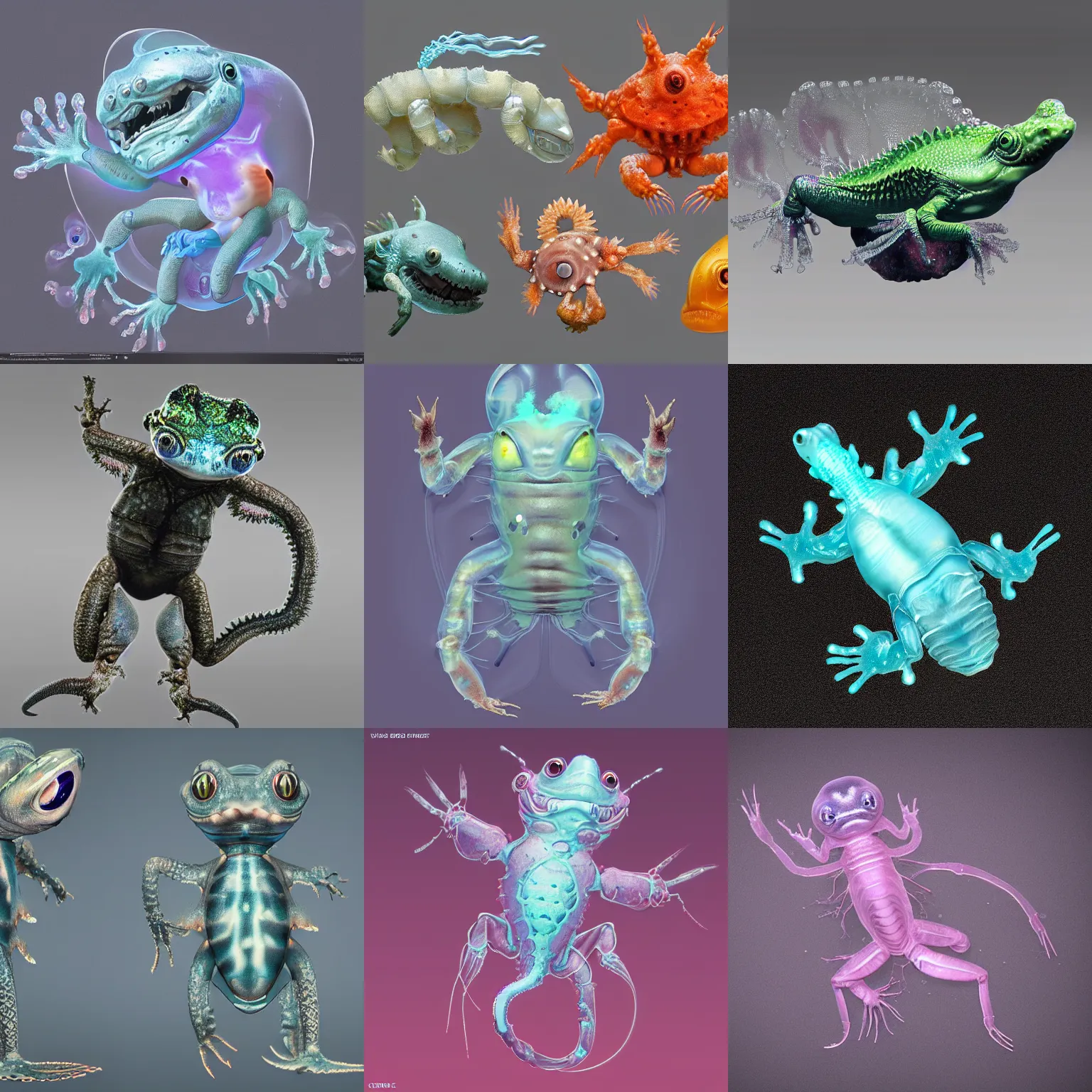 Prompt: cute! biomechanical baby gecko, ghost shrimp, deepsea, wrinkled, by Wayne Barlowe, ghost shrimp, Barreleye fish, translucent SSS xray, Barreleye, rimlight, jelly fish dancing, fighting, bioluminescent screaming pictoplasma characterdesign toydesign toy monster creature, zbrush, octane, hardsurface modelling, artstation, cg society, by greg rutkowksi, by Eddie Mendoza, by Peter mohrbacher, by tooth wu, cyberpunk