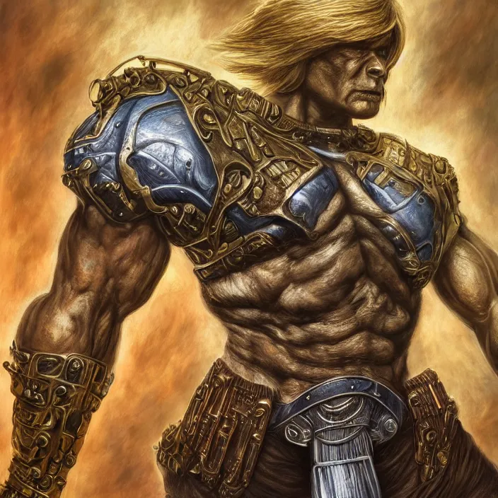 Prompt: he - man, photorealism by h. r. giger, tim burton, full colour spectrum, iridescent specular highlights, white biomechanical, gold, bronze, copper, chrome, titanium, supersampled, 8 k, beautify