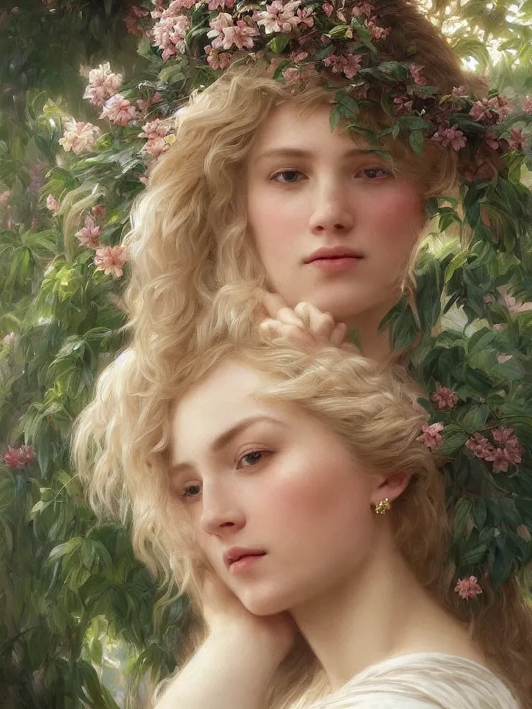 Image similar to 3/4 close up face Portrait of a beautiful Swedish princess in garden, white top, blond hair, piercing, intricate, elegant, highly detailed, artstation, concept art, intricate, highly detailed, sharp focus, exotic, orientalism, bouguereau, art by Artgerm and greg rutkowski and alphonse mucha