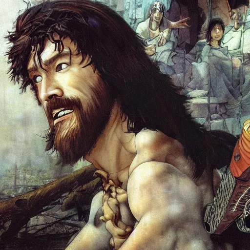 Prompt: jesus christ the chainsaw man, digital painting, 4 k wallpaper, by hayao miyazaki, kentaro miura, by rembrandt, by moebius, by michelangelo, by frank frazetta, beautiful, holy, gorgeous, biblical, masterpiece