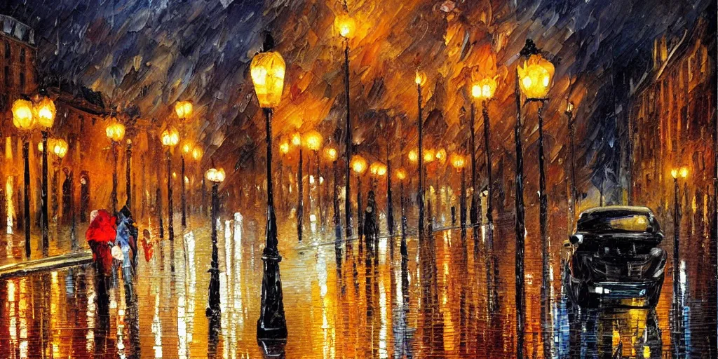 Dark night time road illuminate by street lamps, print of oil