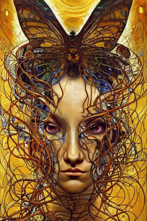 Image similar to Metamorphosis by Karol Bak, Jean Deville, Gustav Klimt, and Vincent Van Gogh, transformation portrait, chimera, visionary, cicada wings, otherworldly, fractal structures, ornate gilded medieval icon, third eye, dynamic, hybrid, fusion, change, spirals, horizontal symmetry