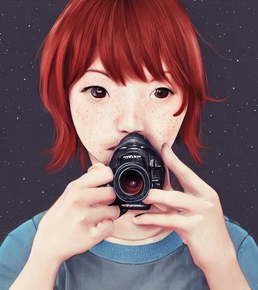 Image similar to mahiru koizumi, a redheaded japanese photographer with a bowl cut and a freckled face, takes a picture of you, adorable, beautiful art by stanley lau, artgerm, rossdraws, ross tran, sakimichan, cyarine, beautiful art