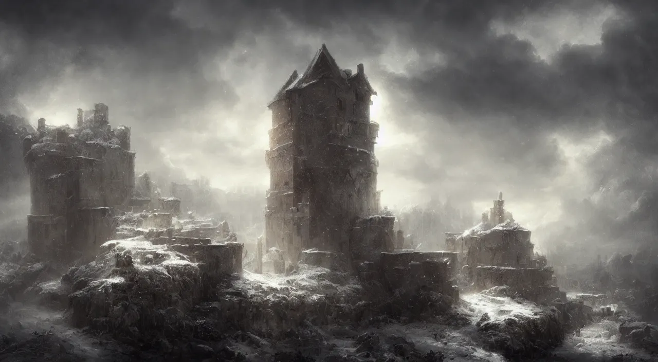 Prompt: abandoned fortress melancholy tundra. andreas achenbach, artgerm, mikko lagerstedt, zack snyder, tokujin yoshioka