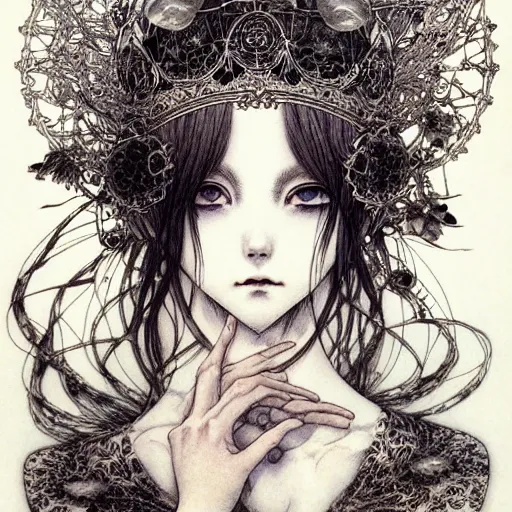 Image similar to prompt: Fragile looking vessel portrait soft light drawn by Vania Zouravliov and Takato Yamamoto, inspired by Fables, ancient crown, magical and alchemical weapons, soft light, white background, intricate detail, intricate ink painting detail, sharp high detail, manga and anime 2000